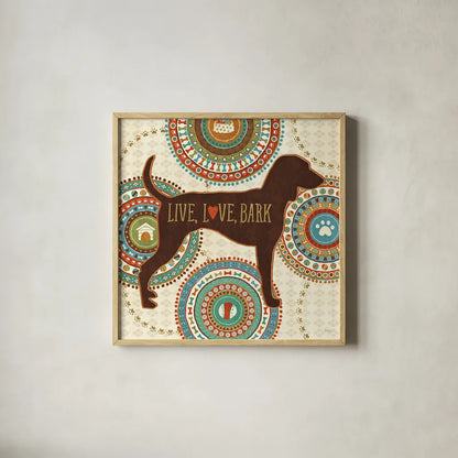 Dogs Life IV by Veronique Charron. Shown in a natural wood glass frame for a timeless modern aesthetic. Available as an archival giclee rolled canvas, fine art paper, or poster print. SKU 24756a.