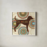 Dogs Life IV by Veronique Charron. Shown in a crisp white glass frame for a clean and minimalist style. Available as an archival giclee rolled canvas, fine art paper, or poster print. SKU 24756a.