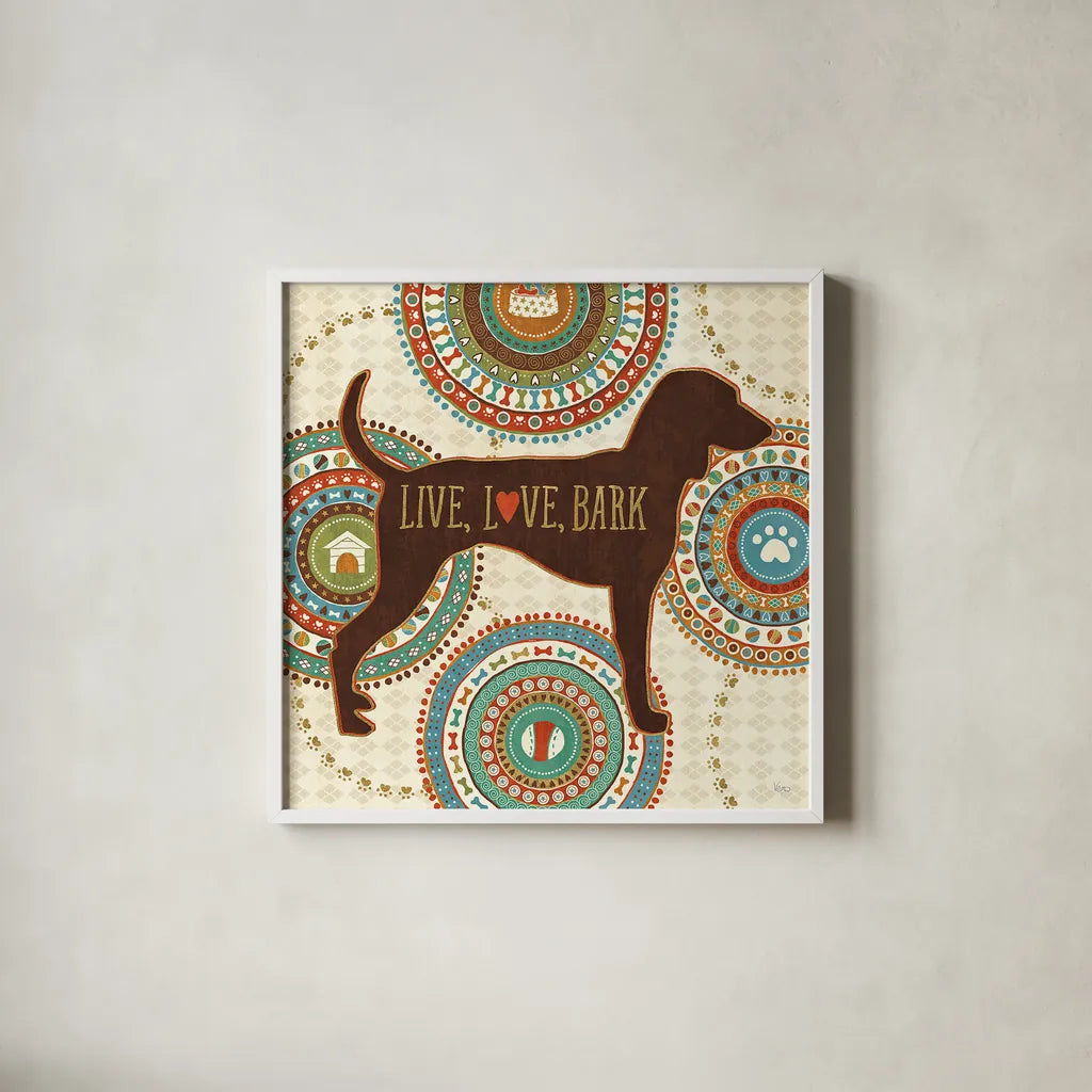 Dogs Life IV by Veronique Charron. Shown in a crisp white glass frame for a clean and minimalist style. Available as an archival giclee rolled canvas, fine art paper, or poster print. SKU 24756a.