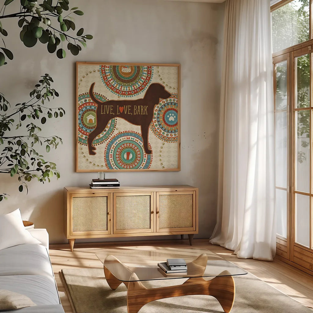 Dogs Life IV by Veronique Charron. Shown in a natural wood frame in a cozy modern living room. Available as an archival giclee rolled canvas, fine art paper, or poster print. SKU 24756a.