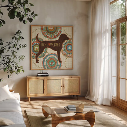 Dogs Life IV by Veronique Charron. Shown in a natural wood frame in a cozy modern living room. Available as an archival giclee rolled canvas, fine art paper, or poster print. SKU 24756a.