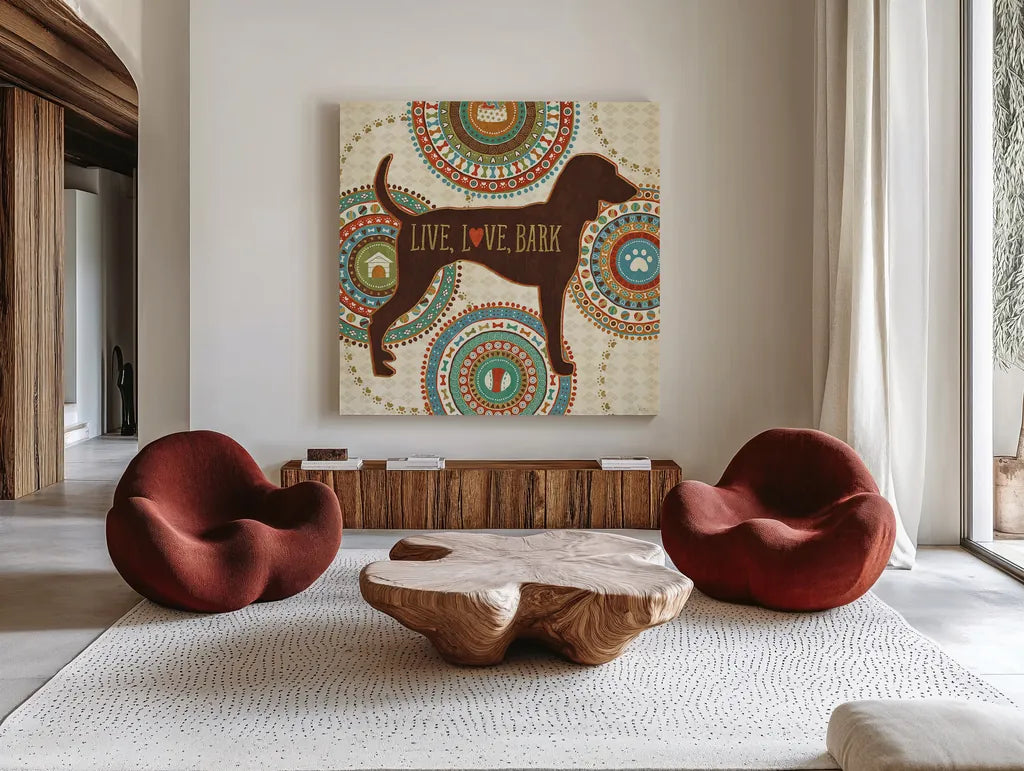 Dogs Life IV by Veronique Charron. Shown as extra-large giant wall art in a modern living room. Available as an archival giclee rolled canvas, fine art paper, or poster print. SKU 24756a.