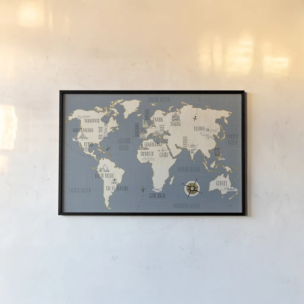 Doodles Map by Veronique Charron. shown as a paper print in a black flame. Available as a archival giclee rolled canvas, fine art paper, or poster print. SKU 20588i.