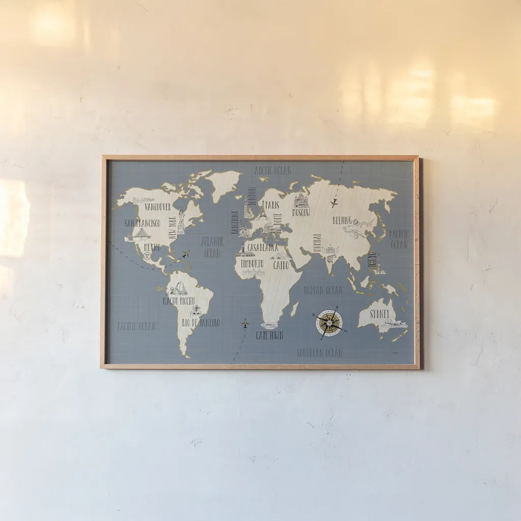 Doodles Map by Veronique Charron. shown as a paper print in a natural frame. Available as a archival giclee rolled canvas, fine art paper, or poster print. SKU 20588i.