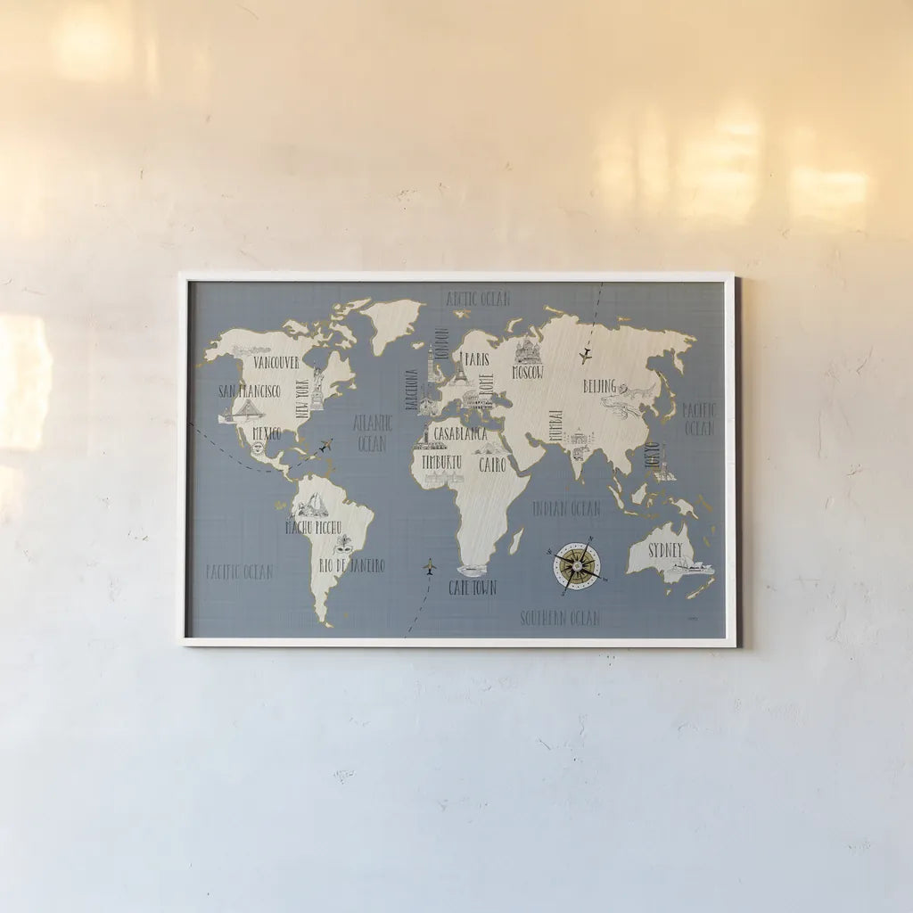 Doodles Map by Veronique Charron. shown as a paper print in a white frame. Available as a archival giclee rolled canvas, fine art paper, or poster print. SKU 20588i.