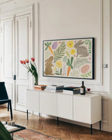 Easter Days I by Veronique Charron. shown as a framed stretched canvas in a living room above a console. Available as a archival giclee rolled canvas, fine art paper, or poster print. SKU 93644i.