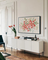 Elegant Holiday I by Veronique Charron. shown as a framed stretched canvas in a living room above a console. Available as a archival giclee rolled canvas, fine art paper, or poster print. SKU 86105i.