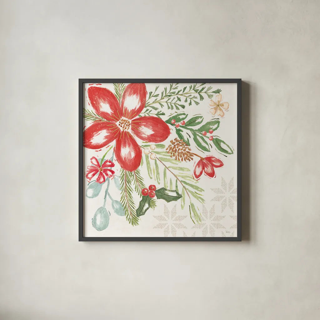 Elegant Holiday II by Veronique Charron. Shown in a sleek black glass frame for a contemporary gallery look. Available as an archival giclee rolled canvas, fine art paper, or poster print. SKU 86106a.