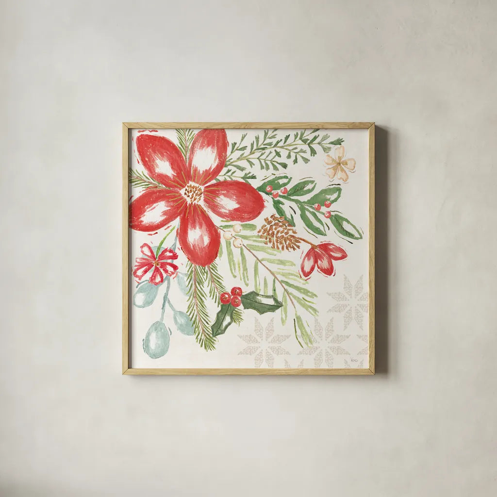 Elegant Holiday II by Veronique Charron. Shown in a natural wood glass frame for a timeless modern aesthetic. Available as an archival giclee rolled canvas, fine art paper, or poster print. SKU 86106a.