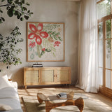 Elegant Holiday II by Veronique Charron. Shown in a natural wood frame in a cozy modern living room. Available as an archival giclee rolled canvas, fine art paper, or poster print. SKU 86106a.