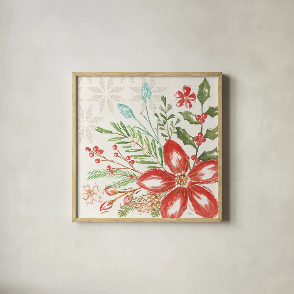 Elegant Holiday III by Veronique Charron. Shown in a natural wood glass frame for a timeless modern aesthetic. Available as an archival giclee rolled canvas, fine art paper, or poster print. SKU 86107a.