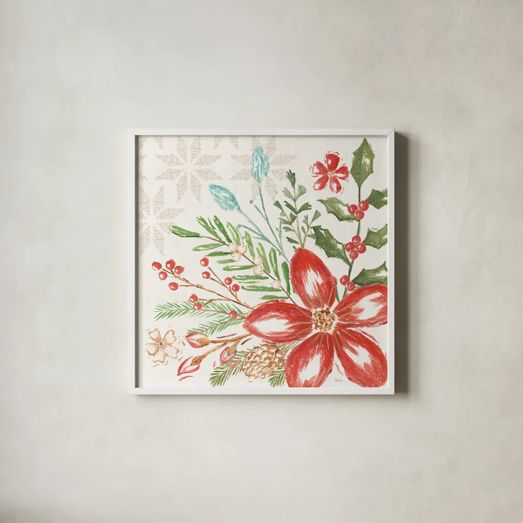 Elegant Holiday III by Veronique Charron. Shown in a crisp white glass frame for a clean and minimalist style. Available as an archival giclee rolled canvas, fine art paper, or poster print. SKU 86107a.