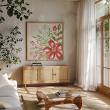 Elegant Holiday III by Veronique Charron. Shown in a natural wood frame in a cozy modern living room. Available as an archival giclee rolled canvas, fine art paper, or poster print. SKU 86107a.