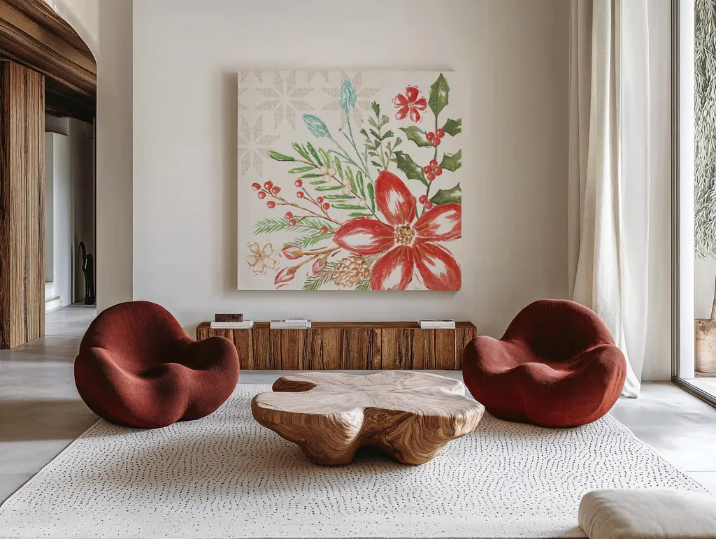 Elegant Holiday III by Veronique Charron. Shown as extra-large giant wall art in a modern living room. Available as an archival giclee rolled canvas, fine art paper, or poster print. SKU 86107a.