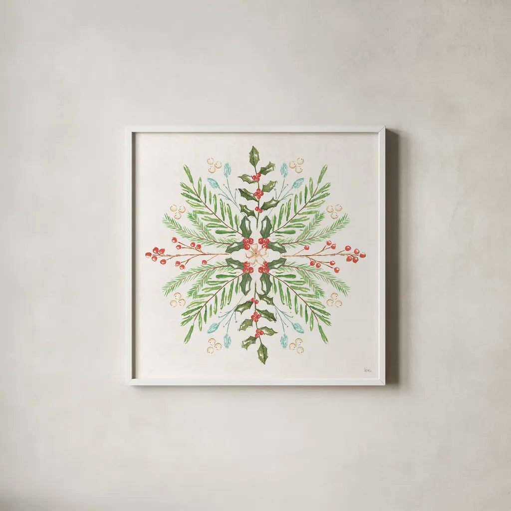 Elegant Holiday IV by Veronique Charron. Shown in a crisp white glass frame for a clean and minimalist style. Available as an archival giclee rolled canvas, fine art paper, or poster print. SKU 86108a.