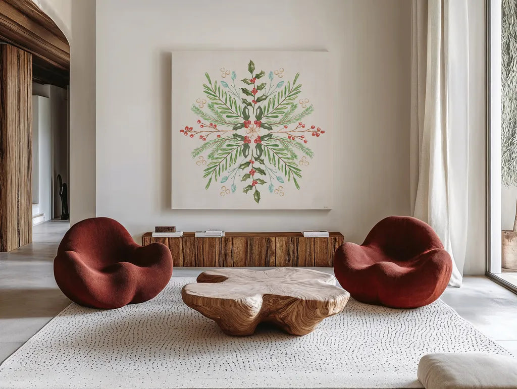 Elegant Holiday IV by Veronique Charron. Shown as extra-large giant wall art in a modern living room. Available as an archival giclee rolled canvas, fine art paper, or poster print. SKU 86108a.