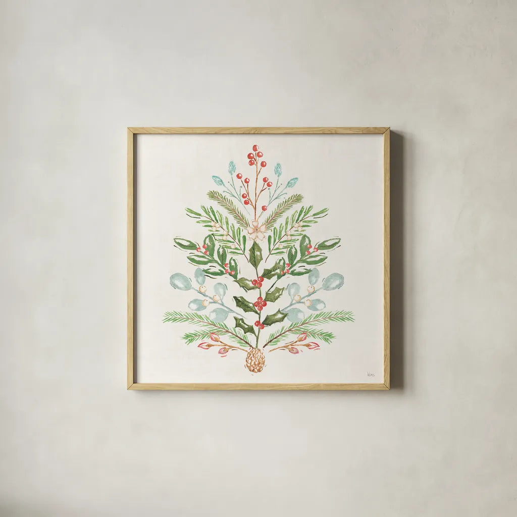 Elegant Holiday V by Veronique Charron. Shown in a natural wood glass frame for a timeless modern aesthetic. Available as an archival giclee rolled canvas, fine art paper, or poster print. SKU 86109a.