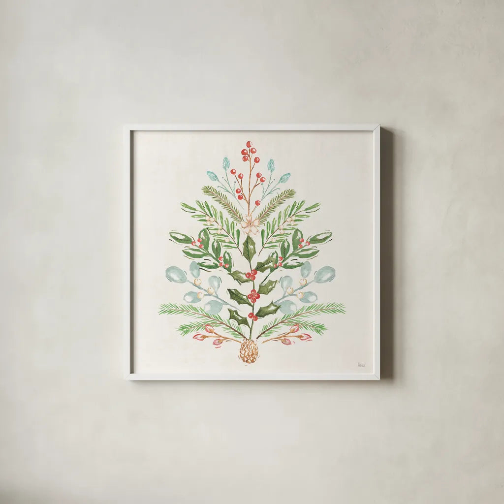 Elegant Holiday V by Veronique Charron. Shown in a crisp white glass frame for a clean and minimalist style. Available as an archival giclee rolled canvas, fine art paper, or poster print. SKU 86109a.