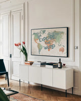 Explore the World I by Veronique Charron. shown as a framed stretched canvas in a living room above a console. Available as a archival giclee rolled canvas, fine art paper, or poster print. SKU 55195i.