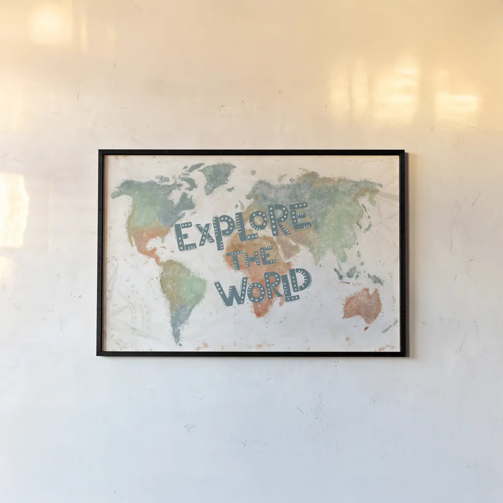 Explore the World I by Veronique Charron. shown as a paper print in a black flame. Available as a archival giclee rolled canvas, fine art paper, or poster print. SKU 55195i.