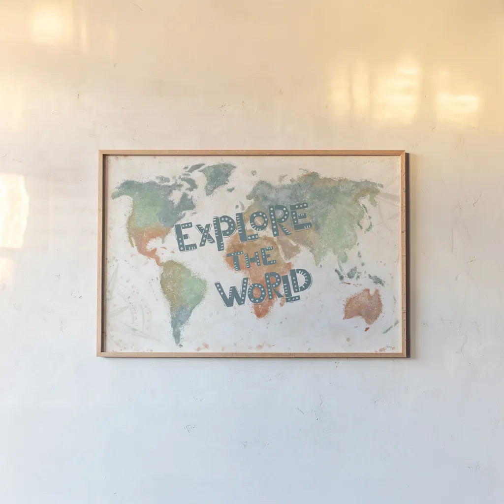 Explore the World I by Veronique Charron. shown as a paper print in a natural frame. Available as a archival giclee rolled canvas, fine art paper, or poster print. SKU 55195i.