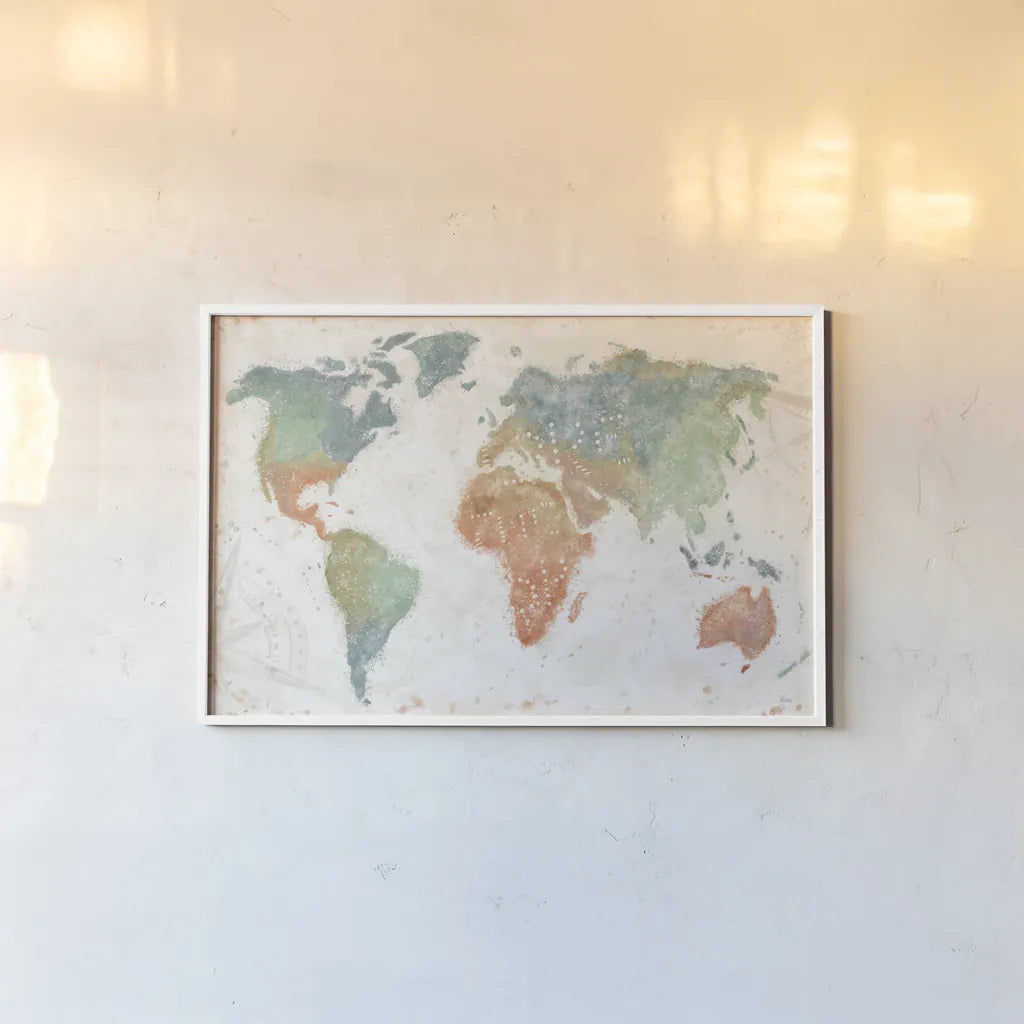 Explore the World I no Words by Veronique Charron. shown as a paper print in a white frame. Available as a archival giclee rolled canvas, fine art paper, or poster print. SKU 57621i.