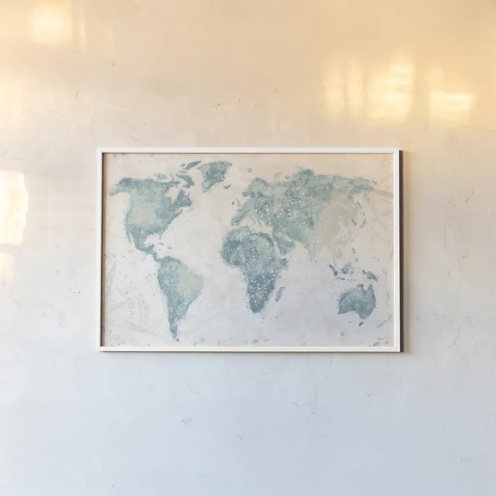 Explore the World I no Words Light by Veronique Charron. shown as a paper print in a white frame. Available as a archival giclee rolled canvas, fine art paper, or poster print. SKU 57623i.
