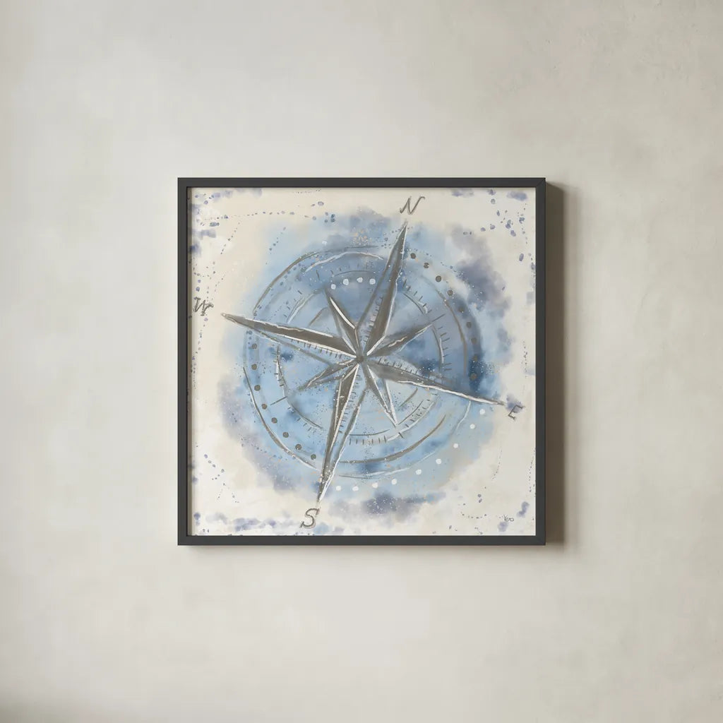 Explore the World III Blue Brown by Veronique Charron. Shown in a sleek black glass frame for a contemporary gallery look. Available as an archival giclee rolled canvas, fine art paper, or poster print. SKU 62636a.