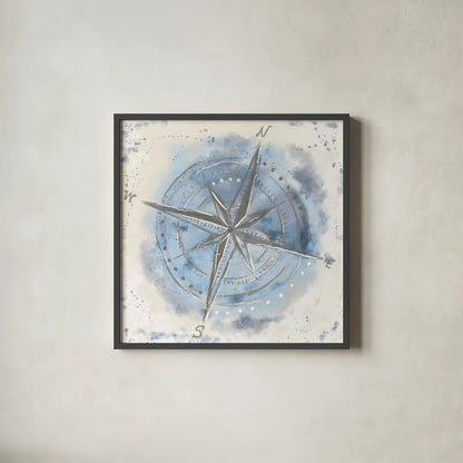 Explore the World III Blue Brown by Veronique Charron. Shown in a sleek black glass frame for a contemporary gallery look. Available as an archival giclee rolled canvas, fine art paper, or poster print. SKU 62636a.