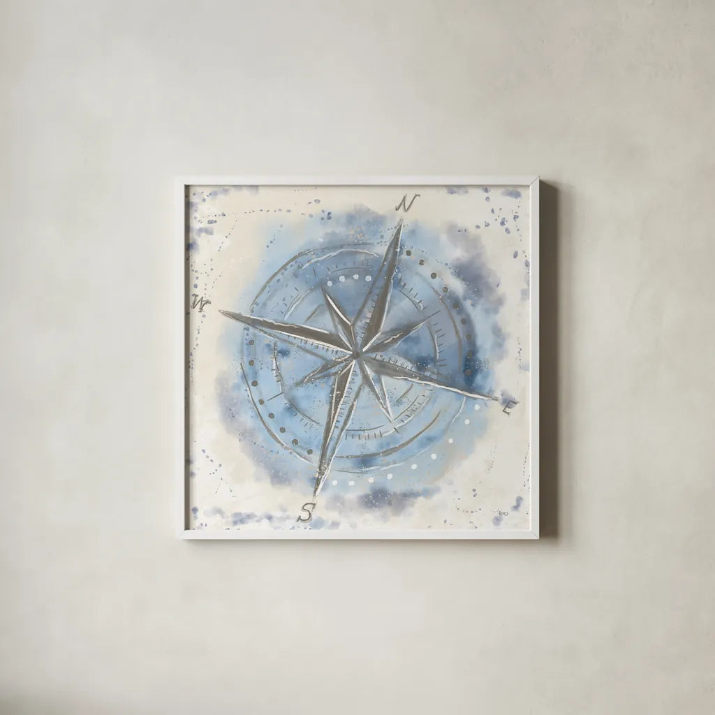 Explore the World III Blue Brown by Veronique Charron. Shown in a crisp white glass frame for a clean and minimalist style. Available as an archival giclee rolled canvas, fine art paper, or poster print. SKU 62636a.