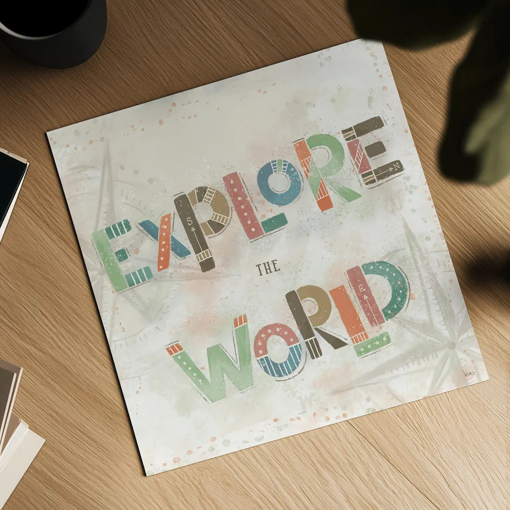 Explore the World IV by Veronique Charron. Shown as a detailed flat fine art print, highlighting archival giclee quality. Available as an archival giclee rolled canvas, fine art paper, or poster print. SKU 55198a.