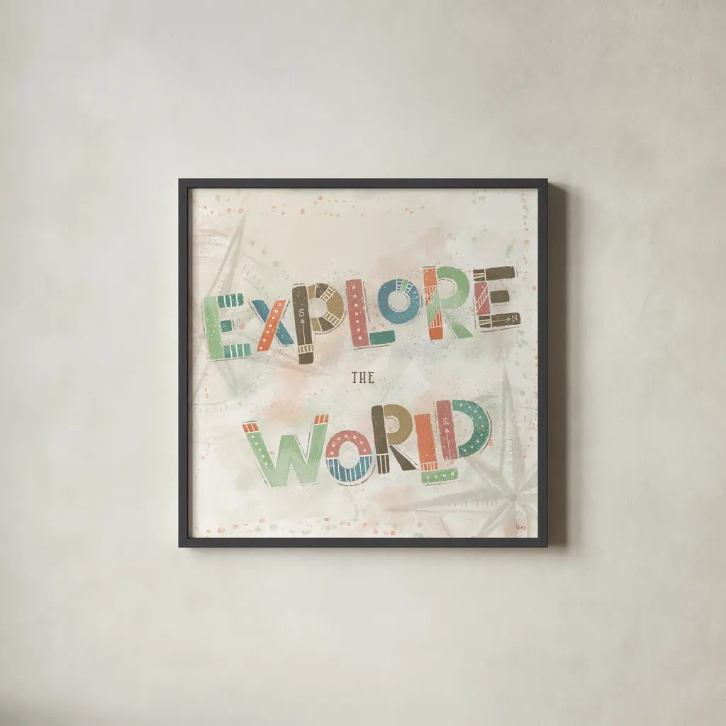 Explore the World IV by Veronique Charron. Shown in a sleek black glass frame for a contemporary gallery look. Available as an archival giclee rolled canvas, fine art paper, or poster print. SKU 55198a.