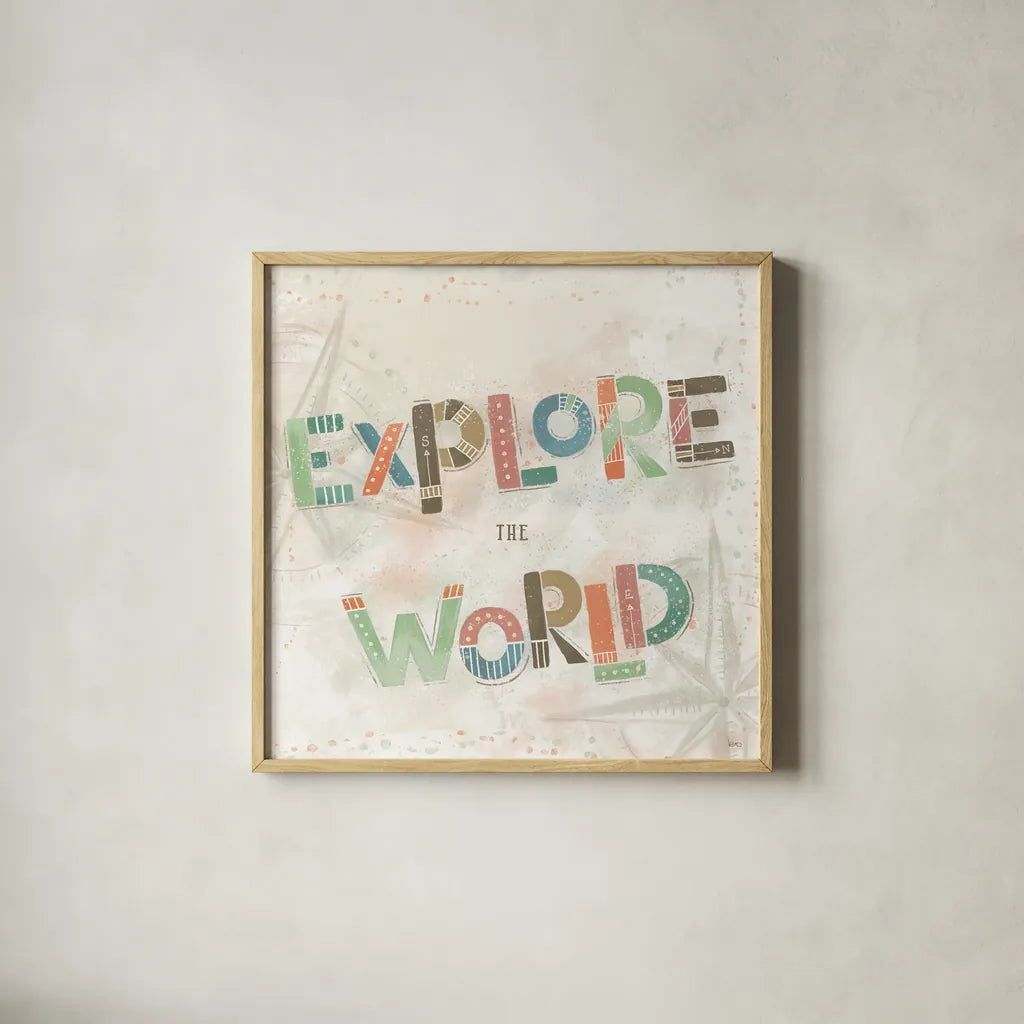 Explore the World IV by Veronique Charron. Shown in a natural wood glass frame for a timeless modern aesthetic. Available as an archival giclee rolled canvas, fine art paper, or poster print. SKU 55198a.