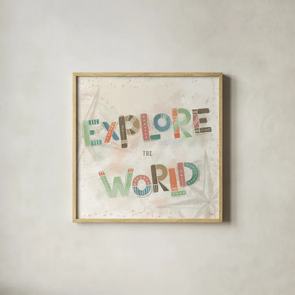 Explore the World IV by Veronique Charron. Shown in a natural wood glass frame for a timeless modern aesthetic. Available as an archival giclee rolled canvas, fine art paper, or poster print. SKU 55198a.
