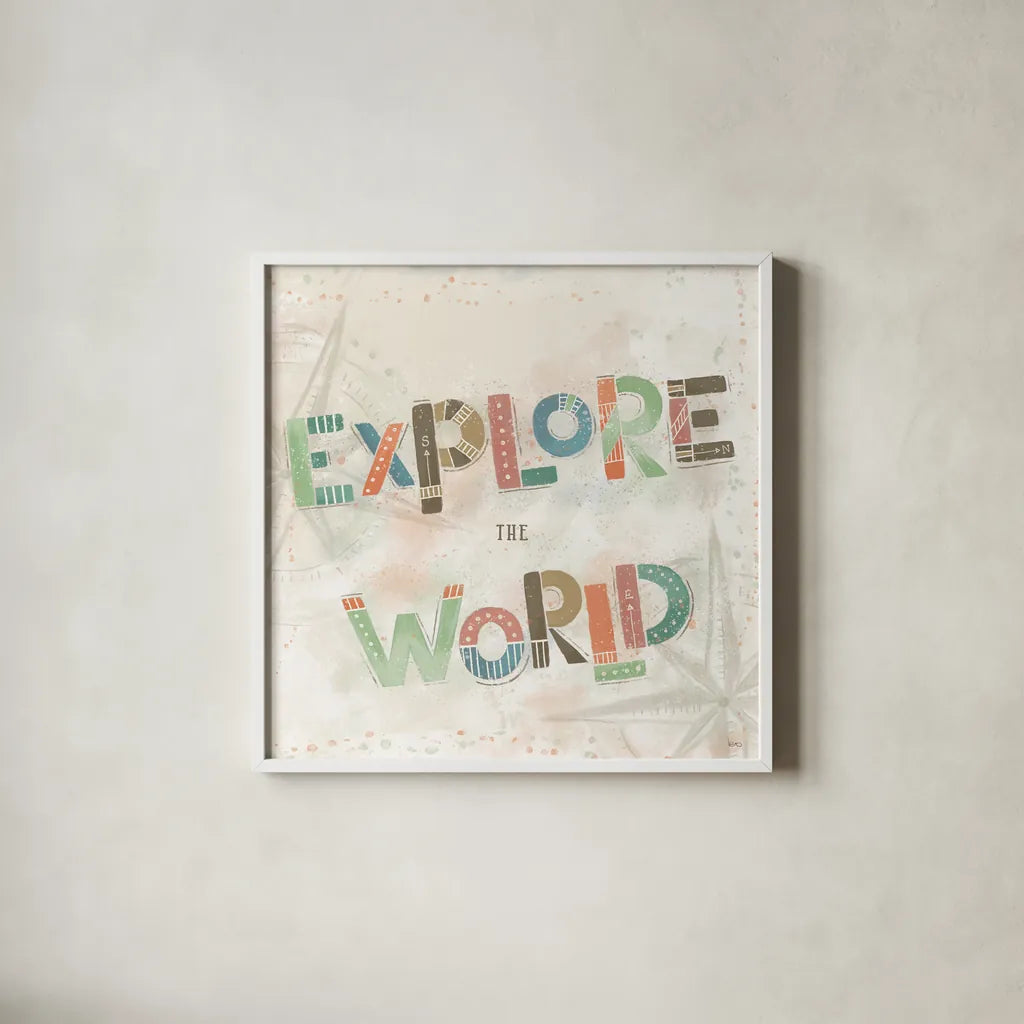 Explore the World IV by Veronique Charron. Shown in a crisp white glass frame for a clean and minimalist style. Available as an archival giclee rolled canvas, fine art paper, or poster print. SKU 55198a.