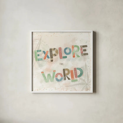Explore the World IV by Veronique Charron. Shown in a crisp white glass frame for a clean and minimalist style. Available as an archival giclee rolled canvas, fine art paper, or poster print. SKU 55198a.