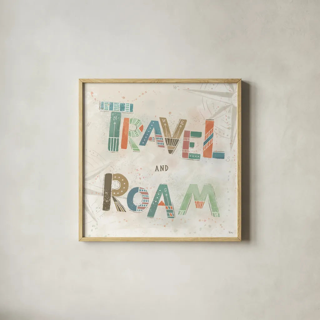 Explore the World V by Veronique Charron. Shown in a natural wood glass frame for a timeless modern aesthetic. Available as an archival giclee rolled canvas, fine art paper, or poster print. SKU 55199a.