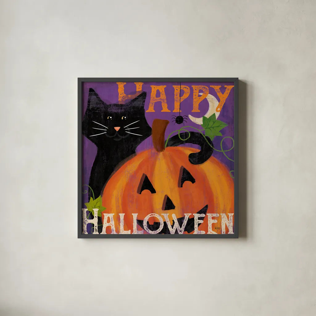 Festive Felines II by Veronique Charron. Shown in a sleek black glass frame for a contemporary gallery look. Available as an archival giclee rolled canvas, fine art paper, or poster print. SKU 54885a.