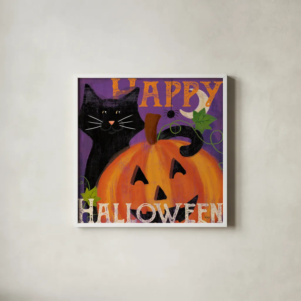 Festive Felines II by Veronique Charron. Shown in a crisp white glass frame for a clean and minimalist style. Available as an archival giclee rolled canvas, fine art paper, or poster print. SKU 54885a.