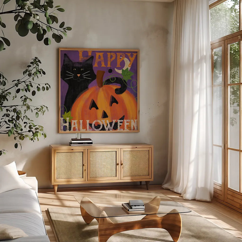 Festive Felines II by Veronique Charron. Shown in a natural wood frame in a cozy modern living room. Available as an archival giclee rolled canvas, fine art paper, or poster print. SKU 54885a.