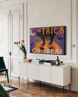 Festive Felines IV by Veronique Charron. shown as a framed stretched canvas in a living room above a console. Available as a archival giclee rolled canvas, fine art paper, or poster print. SKU 54887i.