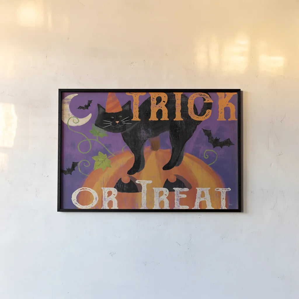 Festive Felines IV by Veronique Charron. shown as a paper print in a black flame. Available as a archival giclee rolled canvas, fine art paper, or poster print. SKU 54887i.