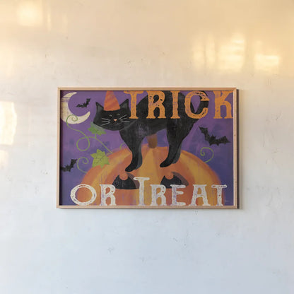 Festive Felines IV by Veronique Charron. shown as a paper print in a natural frame. Available as a archival giclee rolled canvas, fine art paper, or poster print. SKU 54887i.