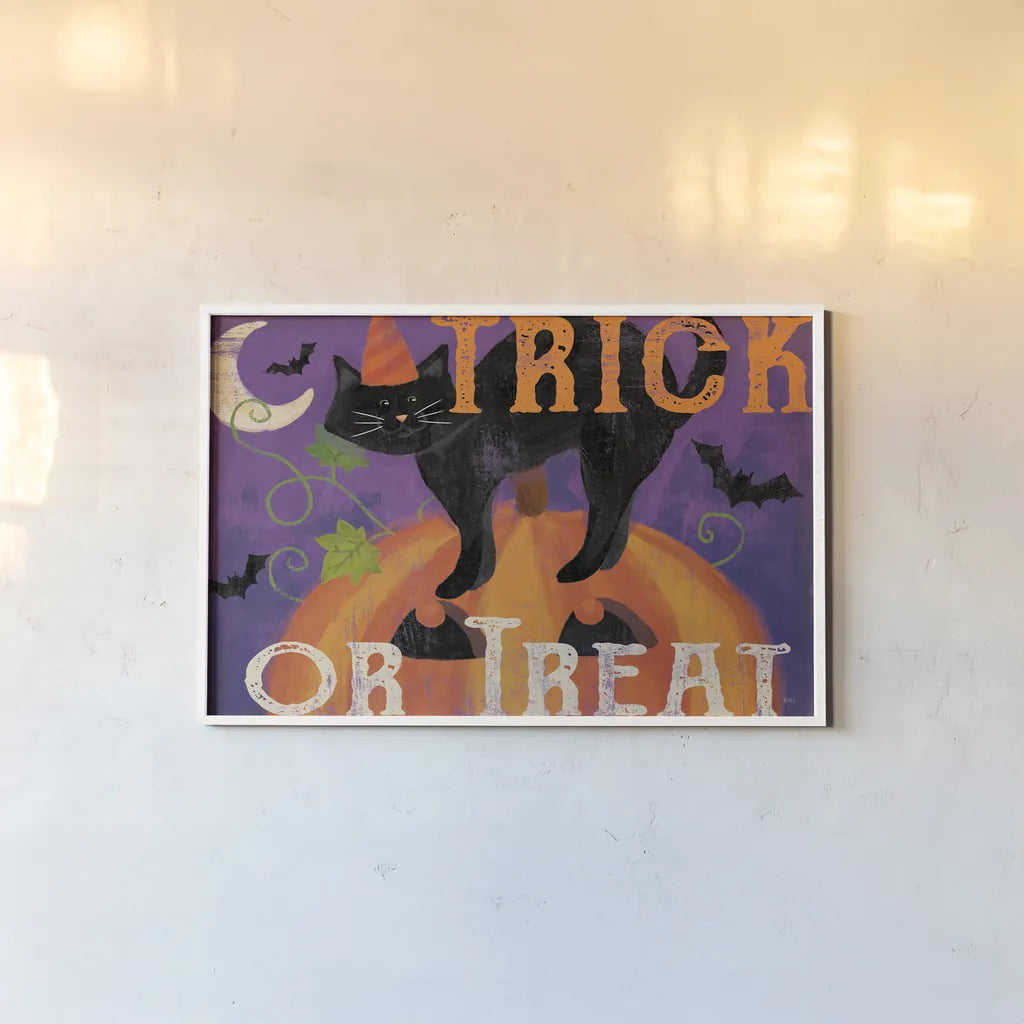 Festive Felines IV by Veronique Charron. shown as a paper print in a white frame. Available as a archival giclee rolled canvas, fine art paper, or poster print. SKU 54887i.