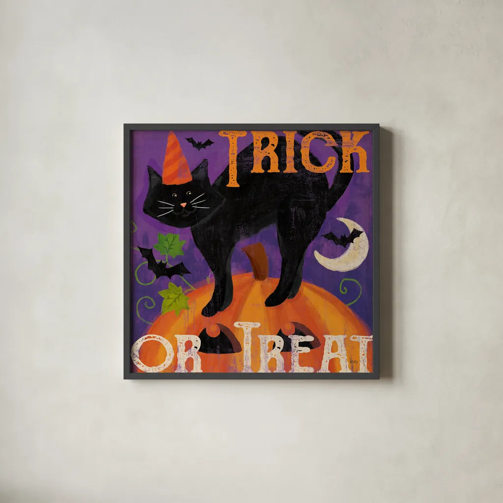 Festive Felines V by Veronique Charron. Shown in a sleek black glass frame for a contemporary gallery look. Available as an archival giclee rolled canvas, fine art paper, or poster print. SKU 54888a.