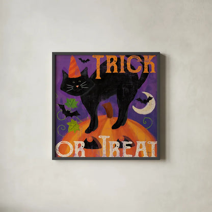 Festive Felines V by Veronique Charron. Shown in a sleek black glass frame for a contemporary gallery look. Available as an archival giclee rolled canvas, fine art paper, or poster print. SKU 54888a.