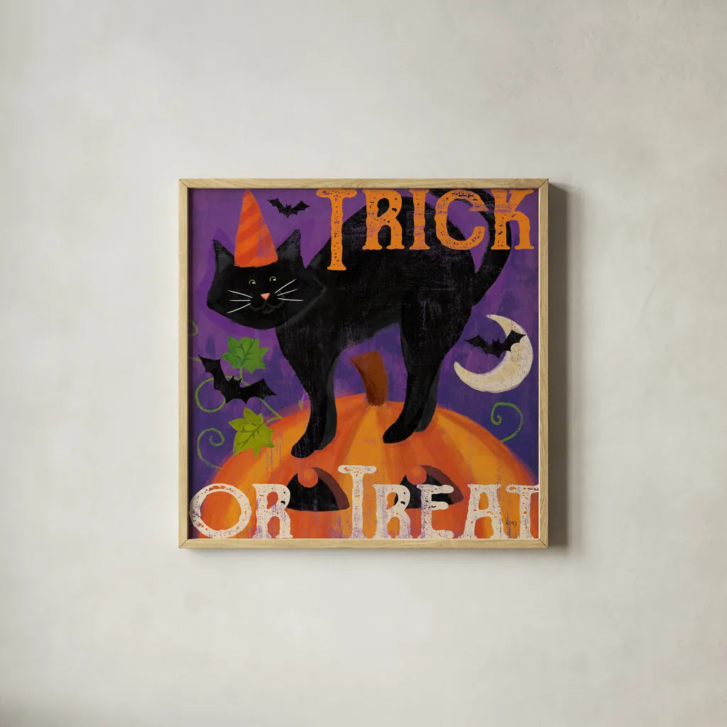 Festive Felines V by Veronique Charron. Shown in a natural wood glass frame for a timeless modern aesthetic. Available as an archival giclee rolled canvas, fine art paper, or poster print. SKU 54888a.