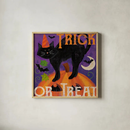 Festive Felines V by Veronique Charron. Shown in a natural wood glass frame for a timeless modern aesthetic. Available as an archival giclee rolled canvas, fine art paper, or poster print. SKU 54888a.