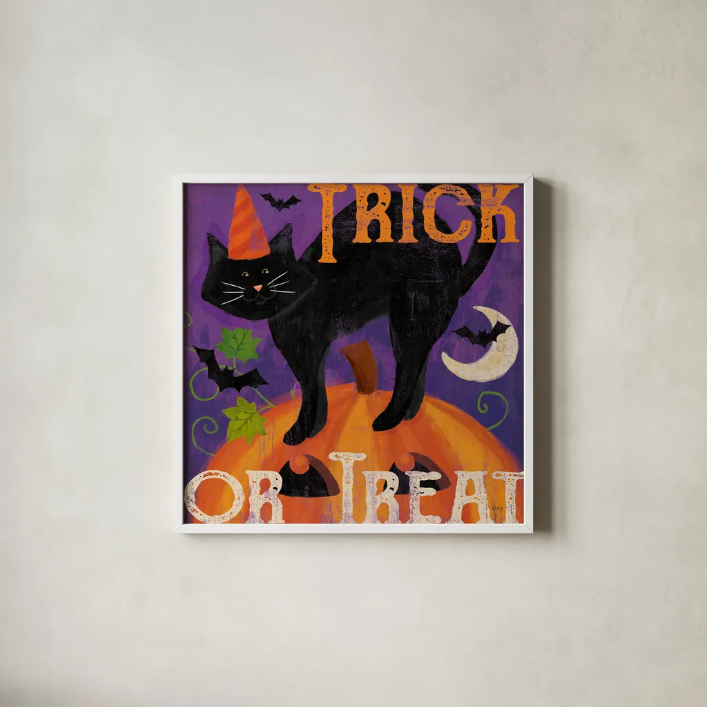 Festive Felines V by Veronique Charron. Shown in a crisp white glass frame for a clean and minimalist style. Available as an archival giclee rolled canvas, fine art paper, or poster print. SKU 54888a.