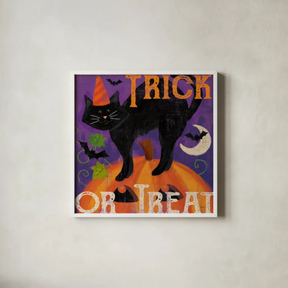 Festive Felines V by Veronique Charron. Shown in a crisp white glass frame for a clean and minimalist style. Available as an archival giclee rolled canvas, fine art paper, or poster print. SKU 54888a.